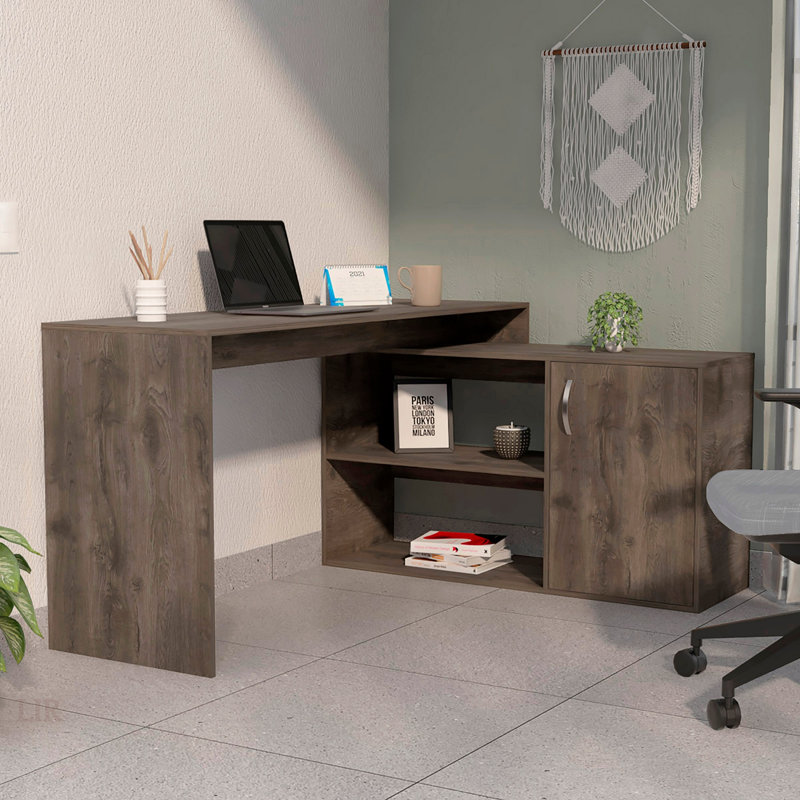 Ridley L-Shaped Writing Desk With Storage, Dark Brown Finish, For Home Office And Space Efficiency, Dark Brown