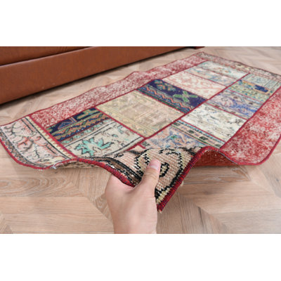Handmade Vintage Turkish Area Rug in Red With Multicolored Patchwork Design Ideal for Living Room Decor