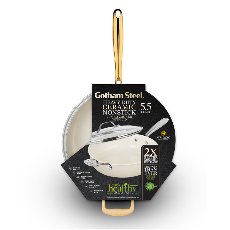 Cream 5.5 Qt Nonstick Ceramic Jumbo Cooker with Gold Handles