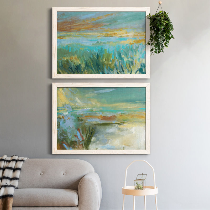 Grassy Beach - Ensemble de 2 peintures sur toile encadrées, H 31,5 po x l 47 po x P 1,5 po, Cadre blanc