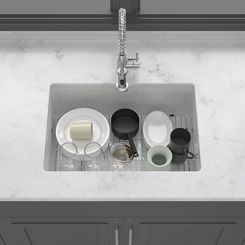 27 Inch Undermount Single Bowl Ceramic Kitchen Sink With Dual Mount Design And Deep Rectangular Basin