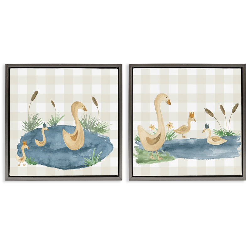«Swan Family in Pond», ensemble de 2 toiles flottantes encadrées par Lucille Price, Cadre flottant gris lustré
