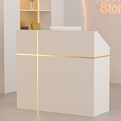 Reception Desk With Counter, Modern Front Table Equipped Lockers & Storage Shelves, 48-inch Checkout Counter With Diy Stripe For Lobbies, Salons, Retail, Home Offices, Reception Room