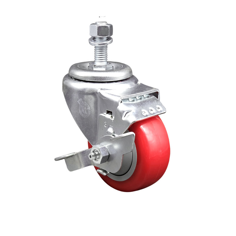 3.5 Inch SS Polyurethane Swivel ½ Inch Threaded Stem Caster with Brake SCC, Red