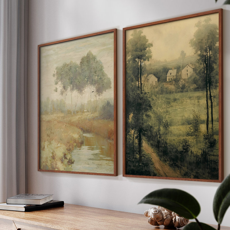 «Vintage Landscape LXI», impression giclée sur cadre - ensemble de 2, H 9 po x l 22 po, Noyer