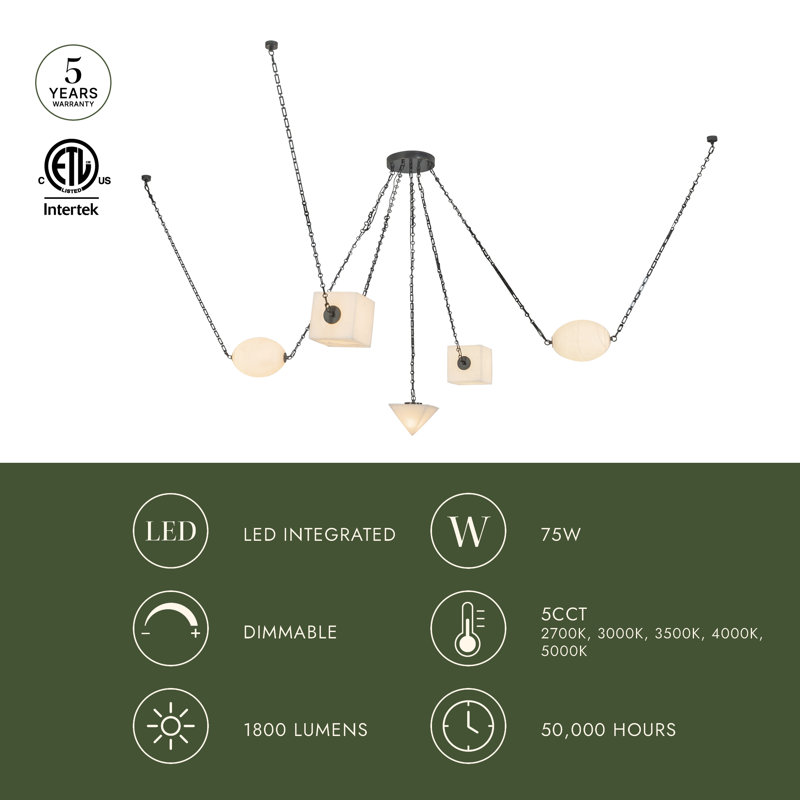 Mineral 5-Light Brass dimmable LED Chandelier, Brass, Alabaster