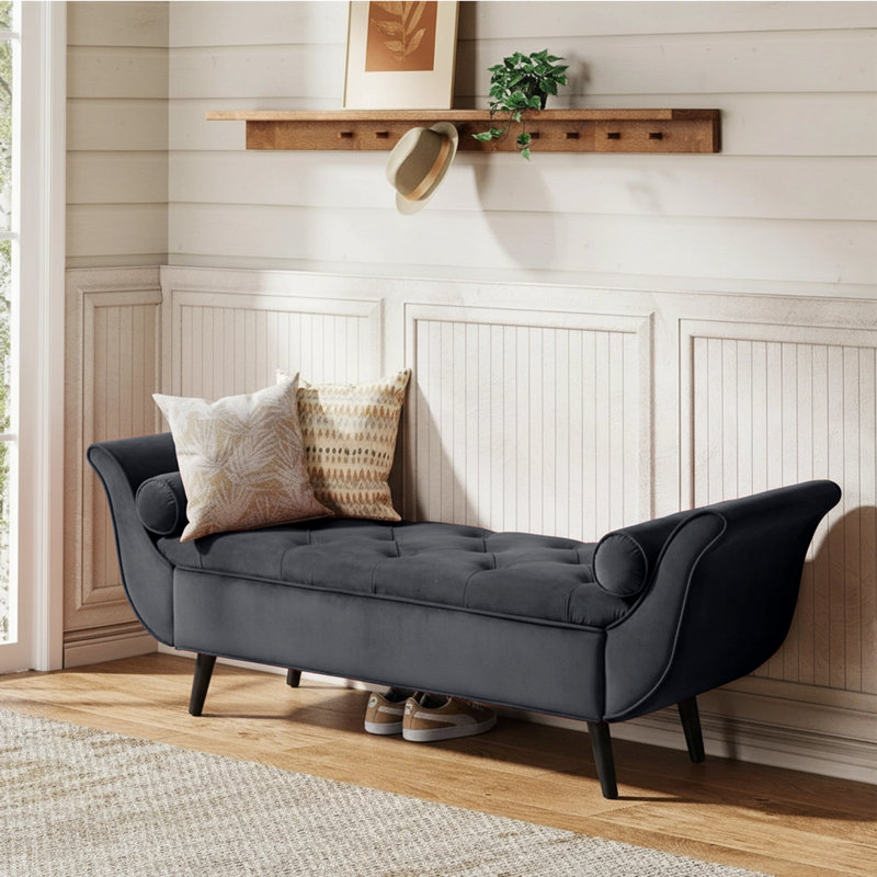 Velvet Upholstered Storage Bench, Grizzly