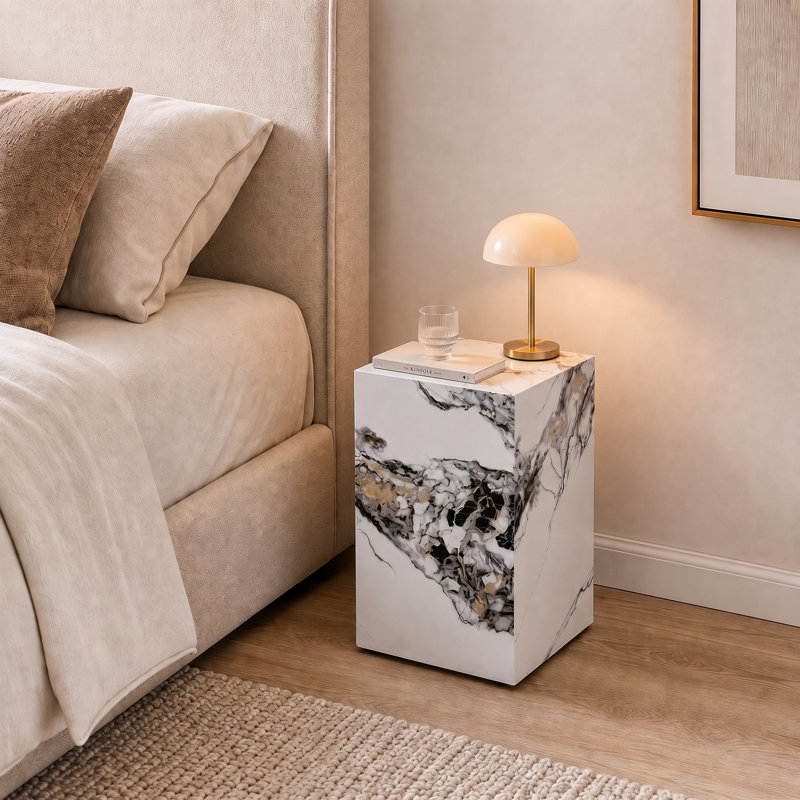 Compact 20" Modern Geometric Faux Marble Pedestal End Table, White, 19.69" H x 11.81" W x 11.81" D