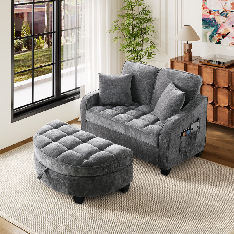 Modern Convertible 2-Seater Sofa Bed With Storage Ottoman, Reclining Backrest, And Side Pocket Armrest, Gray