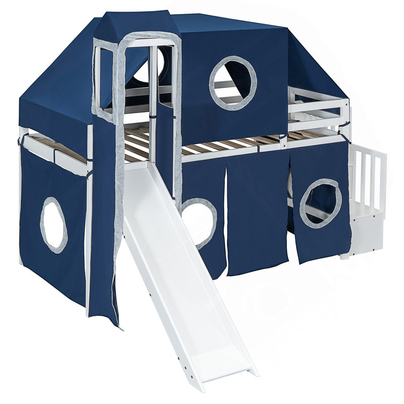 Lit mezzanine avec tente et tour, Bleu, Lit simple