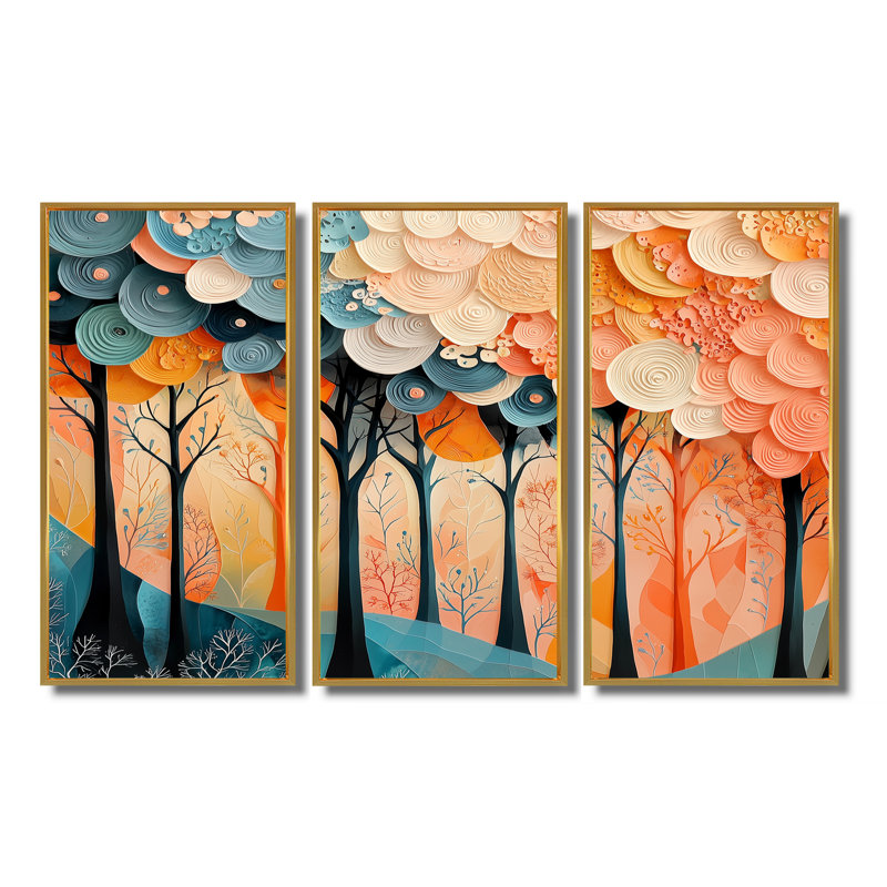 «Forest Trees Dream Fragments Forest I», art mural forêt - ensemble de 3, H 28 po x l 36 po, Doré