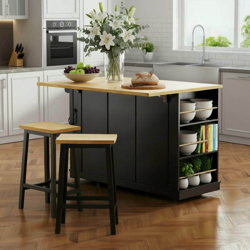 Black 5-Wheel Portable Kitchen Island 3-Piece Set, Including 2 Bar Stools, Power Outlet, Folding Tabletop, Multiple Storage Shelves And Drawers.