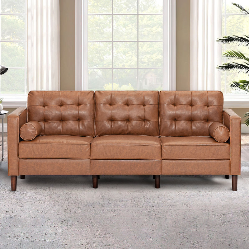 Mandile Faux Leather Sofa, Cognac Tan Faux Leather, 34'' H x 84'' W x 32'' D, 3