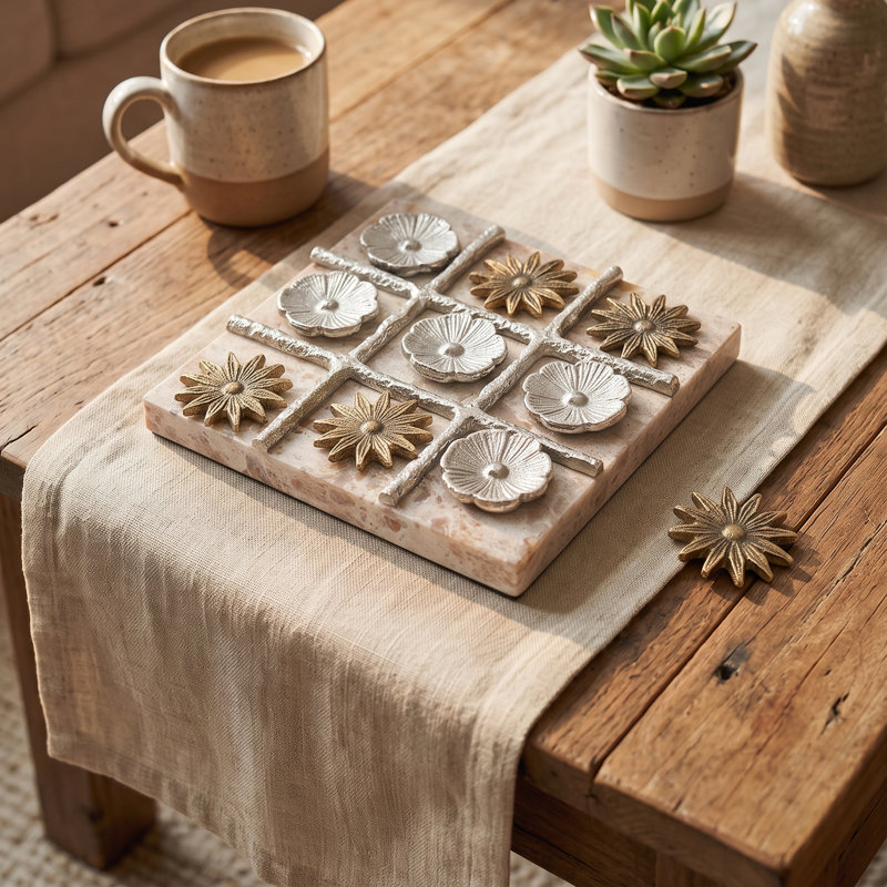 Jeu de 9 po Tic Tac Toe en marbre et aluminium avec pièces florales dorées et argentées
