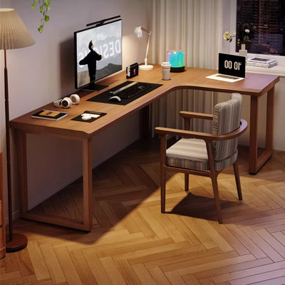 Bureau en coin en bois de noyer massif en forme de L avec pieds carrés