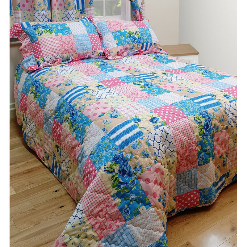PATCHWORK BEDSPREAD T/O SET Eira 132 TC, Kingsize - 2 Standard Shams, Blue/Pink/White