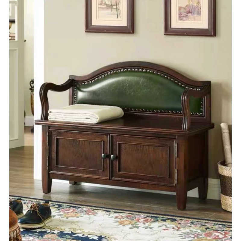 Traditional Solid Wood Shoe Bench with Leather Backrest, Green