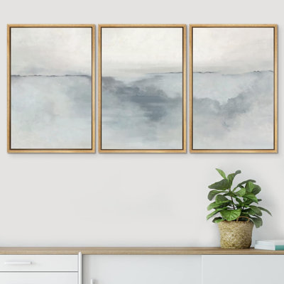 Minimal Landscape " IDEA4WALL Framed Canvas Print Wall Art Set Pastel Watercolor Gray Paint Stroke Landscape Abstract Shapes Illustrations Decorative Relax/Calm Zen For Living Room, Bedroom, Office " 3 - Pieces