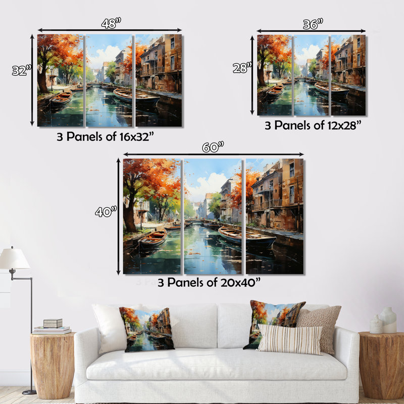 «Green Canal Dramatic Canals High», reproduction sur toile 3 pièces, H 28 po x l 36 po x P 1 po