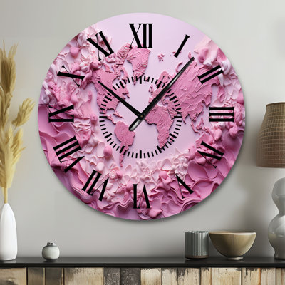 Pink Whimsical Waters World Map - World Map Black Face Wall Clock