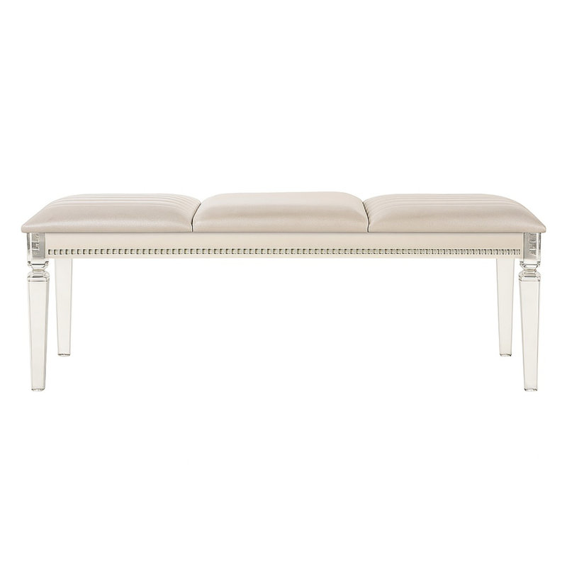 Banc en acrylique avec siège rembourré blanc perle doux, conception moderne, pieds, portée d'utilisation polyvalente, attrait visuel contemporain, teinte crème, profondeur de 54 po, largeur de 17,84 po, hauteur de 19,57 po, poids de 40 lb