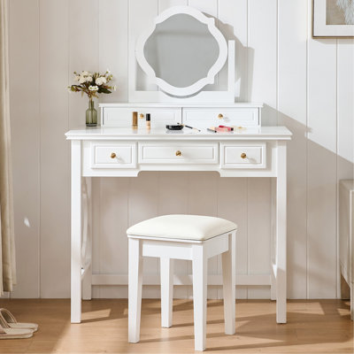 Coiffeuse compacte avec miroir réversible, coiffeuse avec tabouret, coiffeuse compacte pour petits espaces, blanc
