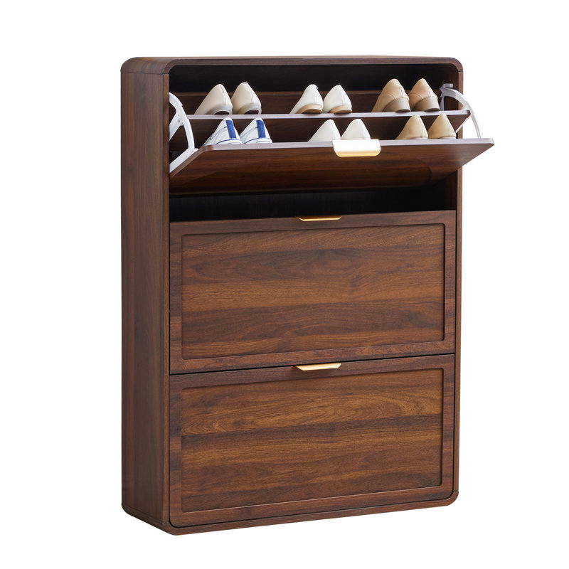 24 Pair Shoe Storage Cabinet With 3 Flip Drawers, Walnut