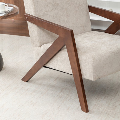 Mid Century Modern Accent Chair with Wood Frame, Upholstered Reading Armchair, Soft Linen Fabric, Ideal for Living Room and Bedroom Comfort
