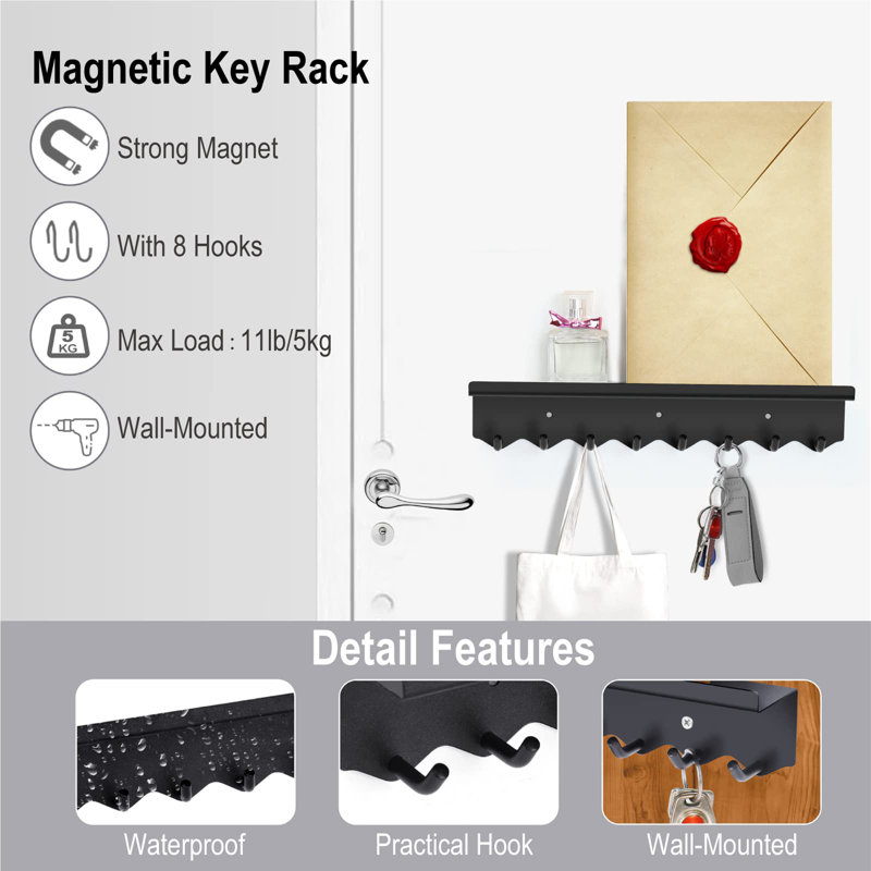 Keychain Wall Mount, Magnetic Key Hook And Mail Organizing Tray, Black