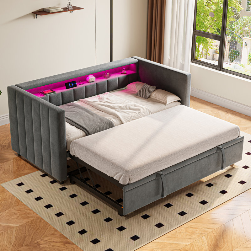 Upholstered Daybed with Trundle, Dark Gray