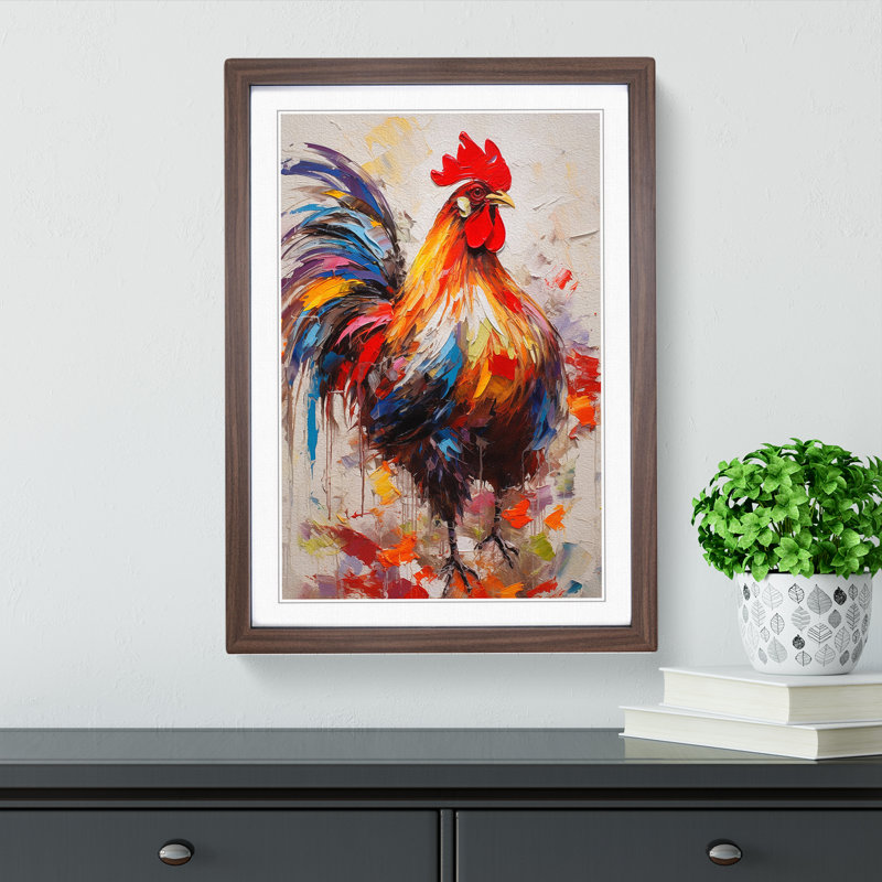 Rooster Gestural - Single Picture Frame Print on Wood, Walnut, 34cm H x 25cm W x 2cm D