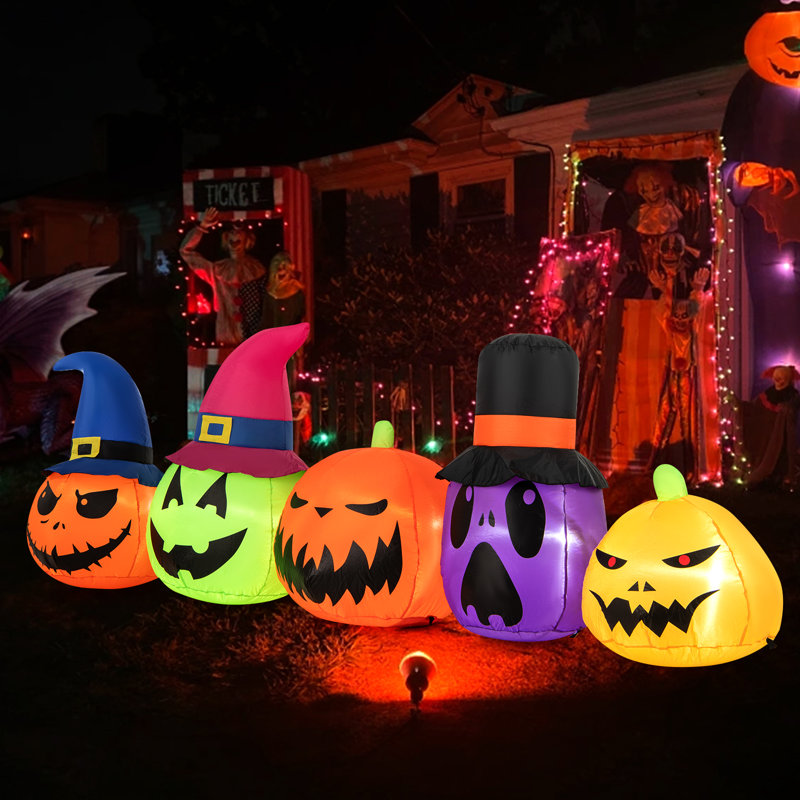 9 Ft Inflatable Multicolor Pumpkin Patch Family with LED Lights and Witch Hats