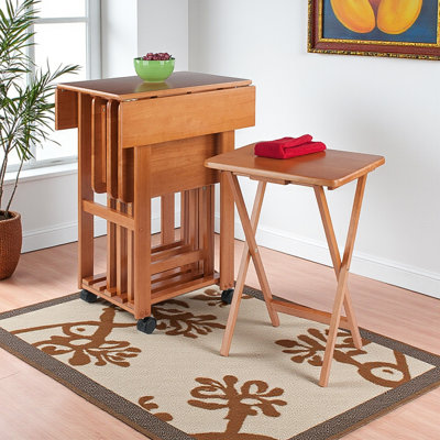 Emory 5-Piece Snack Table Set with Drop Leaf Top in Teak Finish, 25.96" H X 18.91" L X 11.77" D