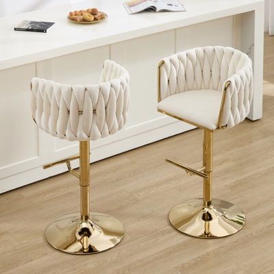 360°Velvet Swivel Bar Stools Set of 2,Gold Bar Stool Set of 2 with Woven Backrest, Modern Adjustable Counter Height Bar Stool,Beige