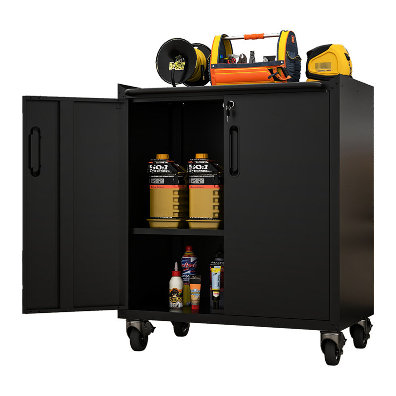 Armoire de garage en métal avec roulettes - Robuste et fiable pour le garage, le bureau et la maison. Tablettes intérieures réglables, roulettes verrouillables à mouvement lisse, surface surélevée, commode. Acier noir. L 30,24 po x P 16,05 po
