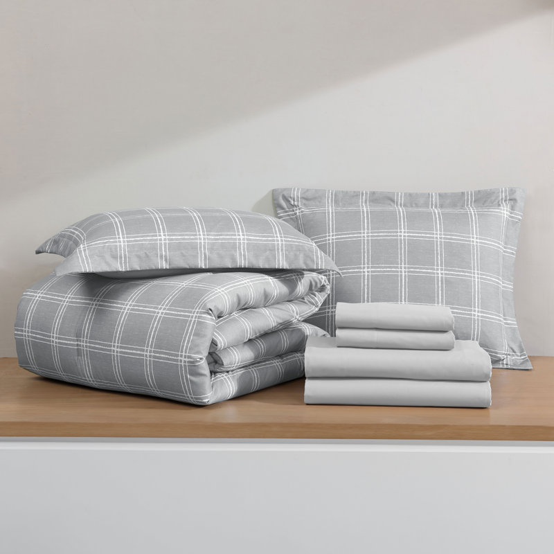Swift Home Windowpane Plaid 7-Piece Reversible Microfiber Lightweight Bed-In-A-Bag Set, Gray