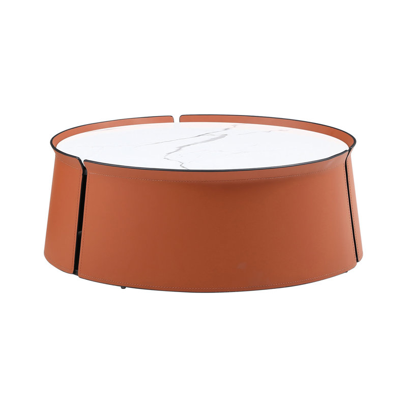 Table basse 31,5 pouces, cuir de selle marbré et orange, table avec cadre en fer
