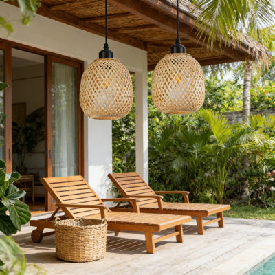 Ensemble de 2 luminaires suspendus Boho de style Mid-Century moderne, lustre Torus en bambou tissé à la main avec cordon réglable pour îlot de cuisine, salle à manger, salon et chambre à coucher