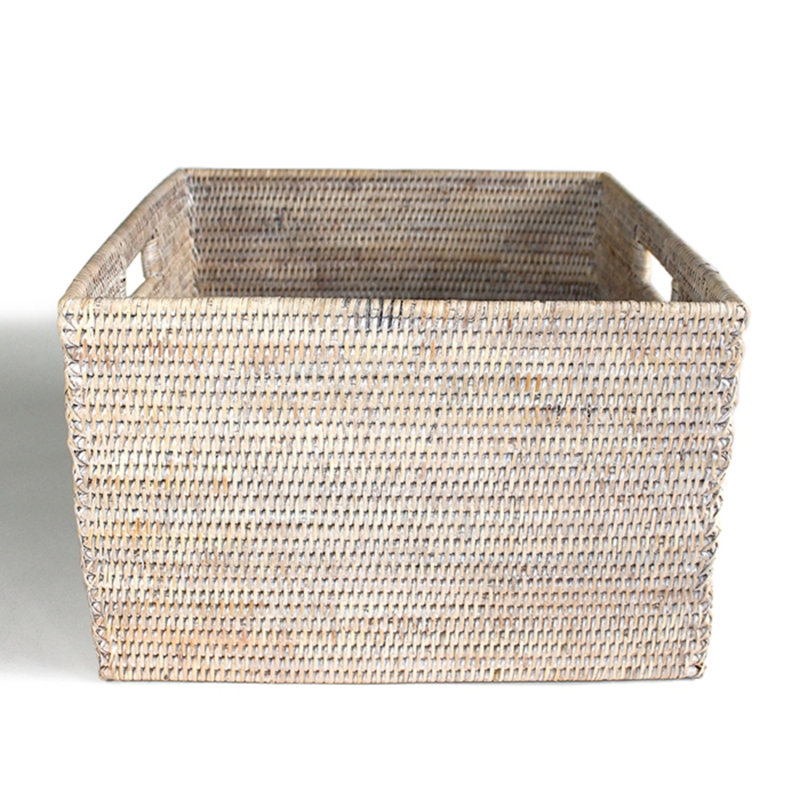 Panier de rangement carré ouvert avec poignée découpée, Blanc délavé
