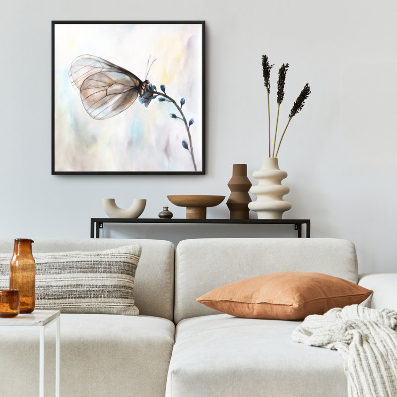 Papillon sur fleurs bleues - Art encadré sur toile