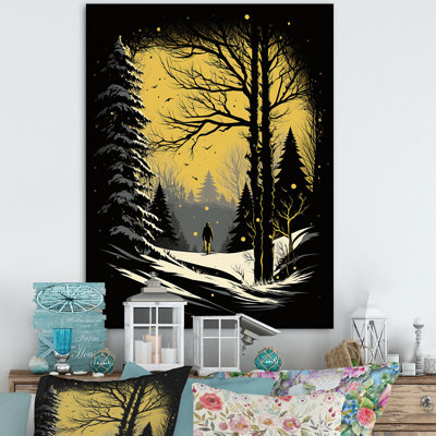 Hiver, arbres dans la forêt de montagne enneigée I - paysage, impression jaune