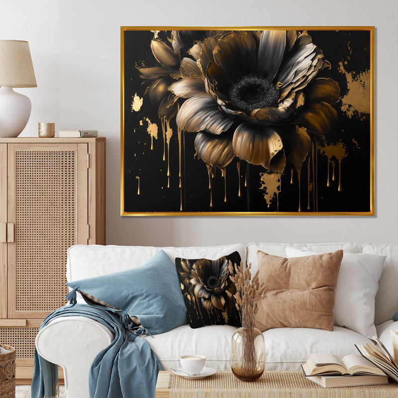 «Black and Gold Daisy I», art mural sur toile floral et botanique, H 34 po x l 44 po x P 1,5 po, Cadre flottant doré