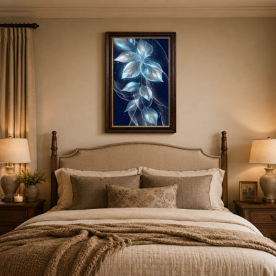 Art sur toile, feuilles bleues translucides avec veines argentées et étoiles