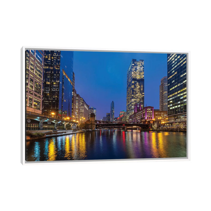 Chicago Night by Nejdet Duzen - Print on Canvas, 66.04 cm H x 45.72 cm W, White Framed