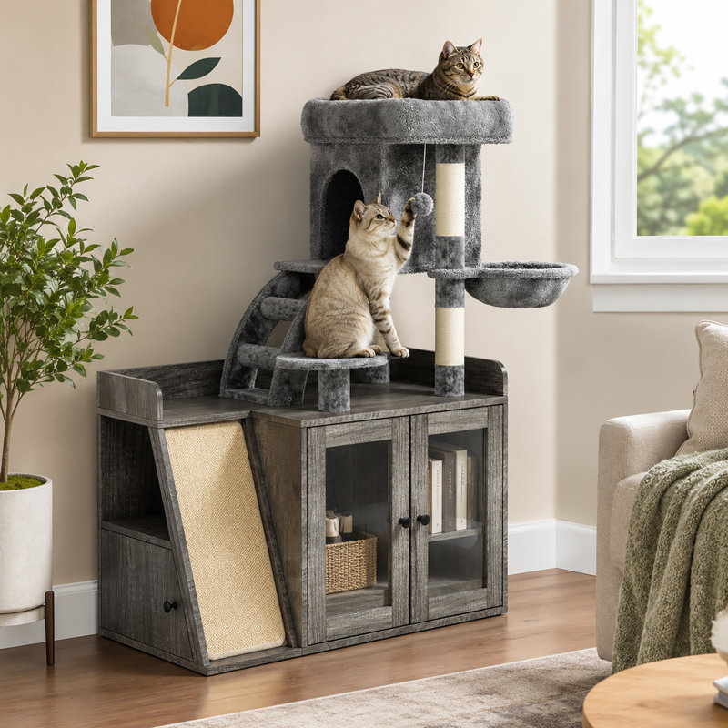 Arbre à chat avec bac à litière, tour à chat moderne avec poteaux à griffer en sisal, portes en acrylique, tablettes de rangement et condo pour chat intégré