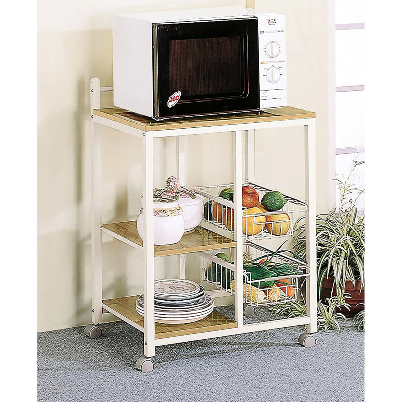 Chariot de cuisine rectangulaire brun et blanc naturel, tablette pour appareils électroménagers, rangement avec tablettes en fil, four grille-pain à 4 éléments mobiles, rangement, transportable, contemporain