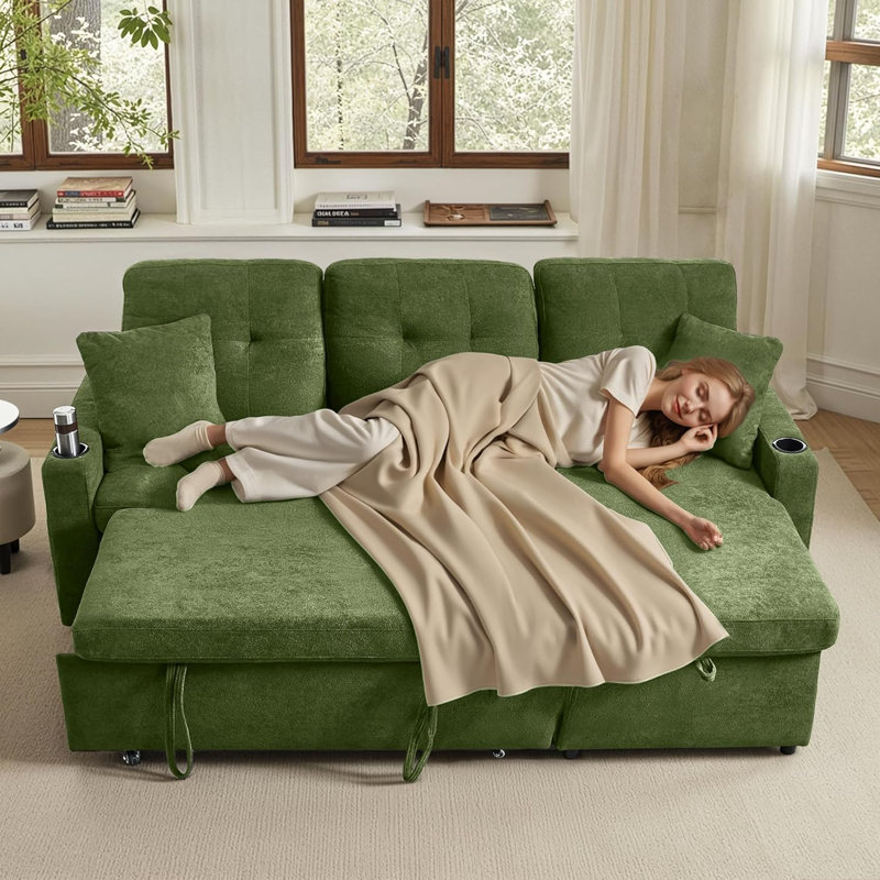 Reversible Sectional Sofa Couch, Sleeper Sofa Bed With Storage Chaise Pull Out Couch For Living Room | USB Charge | Cup Holder | Removable Backrest |Teddy Fabric