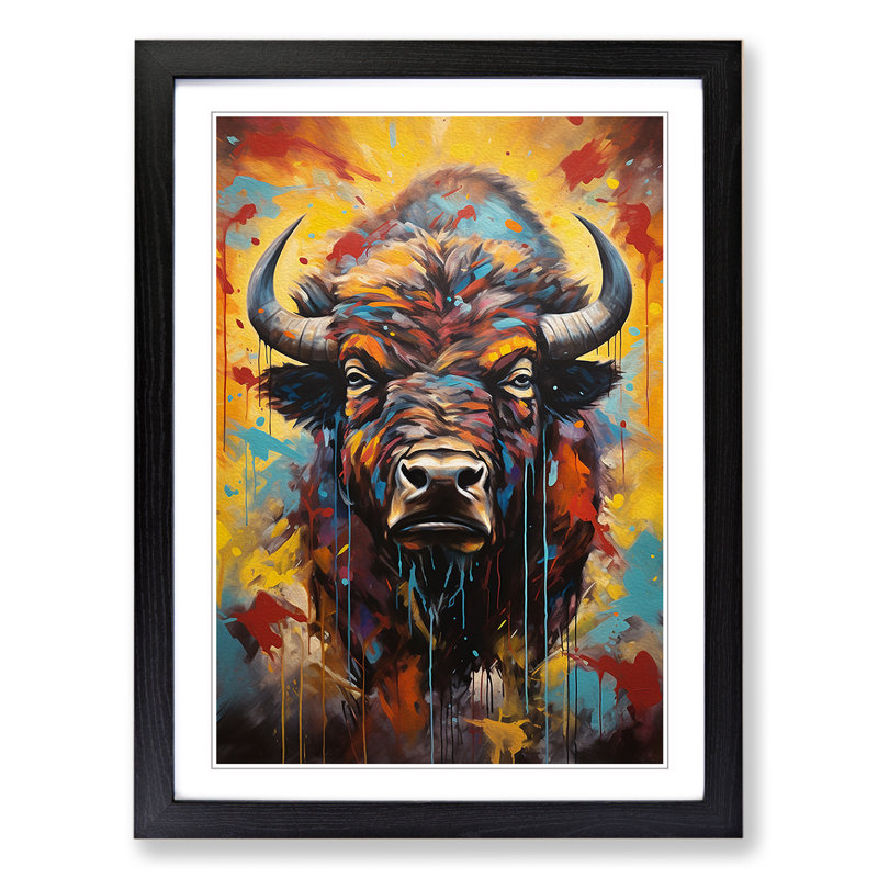 Buffalo Hard Edge Painting - Single Picture Frame Print on Wood, 64cm H x 46cm W x 2cm D, Black Framed