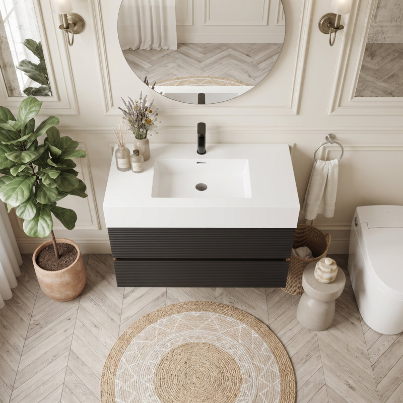 Wall Mounted Single Double Single Vanity Bathroom Vanity With Solid Surface Top, Walnut+black
