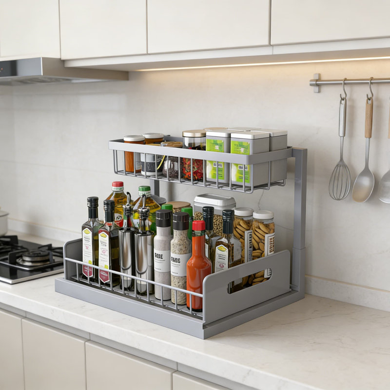 Armoire coulissante sous l'évier, tablette coulissante à 2 niveaux avec rangement en forme de L pour le rangement de la cuisine et de la salle de bain, installation facile sans outils